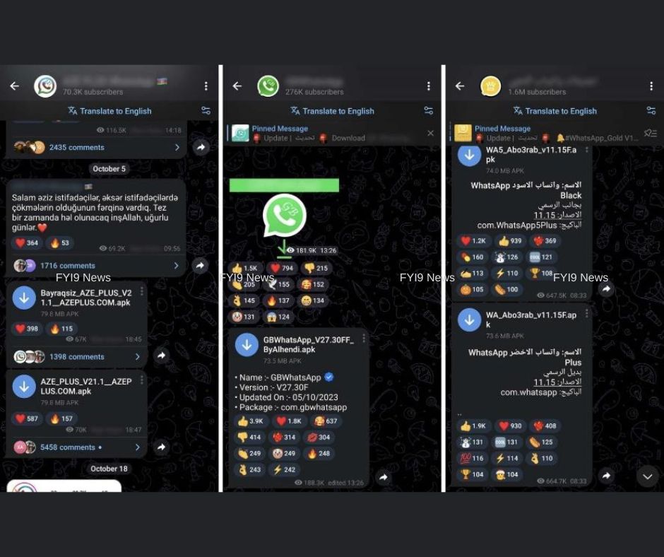 Examples of Telegram channels distributing malicious WhatsApp spy mod - fyi9