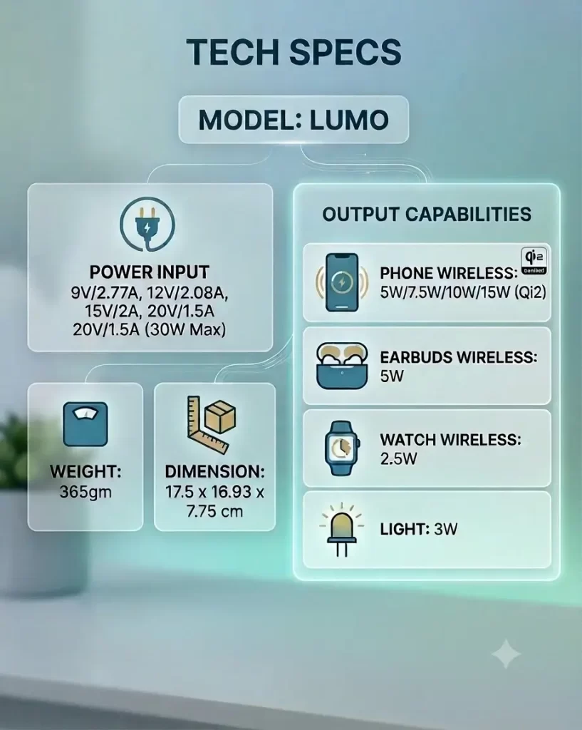 Lumo Qi2 wireless charging station Tech Specifications - fyi9
